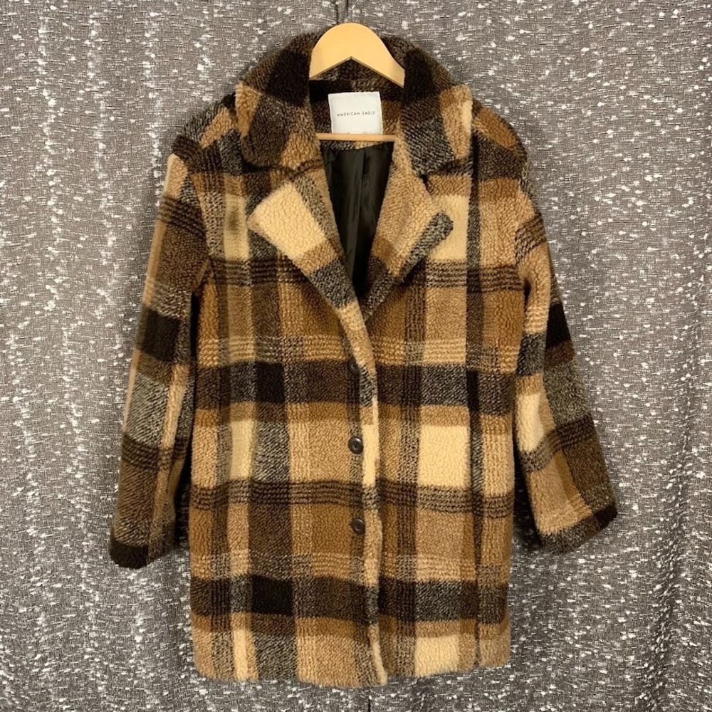 American Eagle Brown Plaid Faux Sherpa Coat Jacket Preppy Women's XS